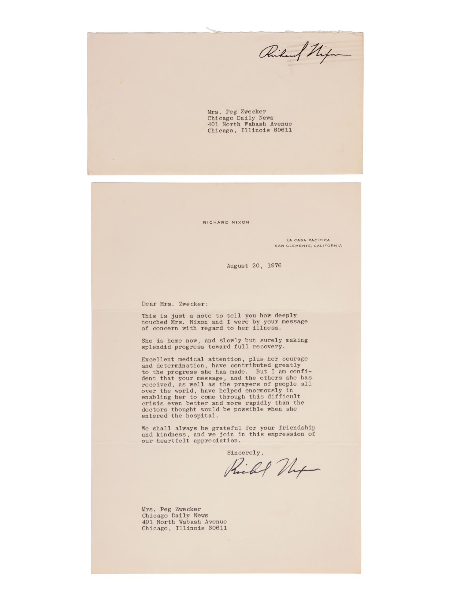 (Politics) NIXON, Richard M. (1913-1994). A personal, hand-signed letter from Former President Richard M. Nixon regarding his wife, Pat Nixon’s health: