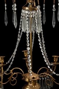 A Near Pair of Baltic Style Gilt Bronze, Marble and Cut Glass Six-Light Candelabra