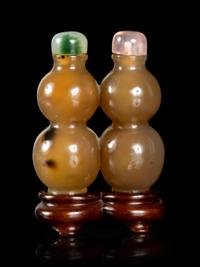 A Chinese Carved Agate Double Gourd-Form Double Snuff Bottle