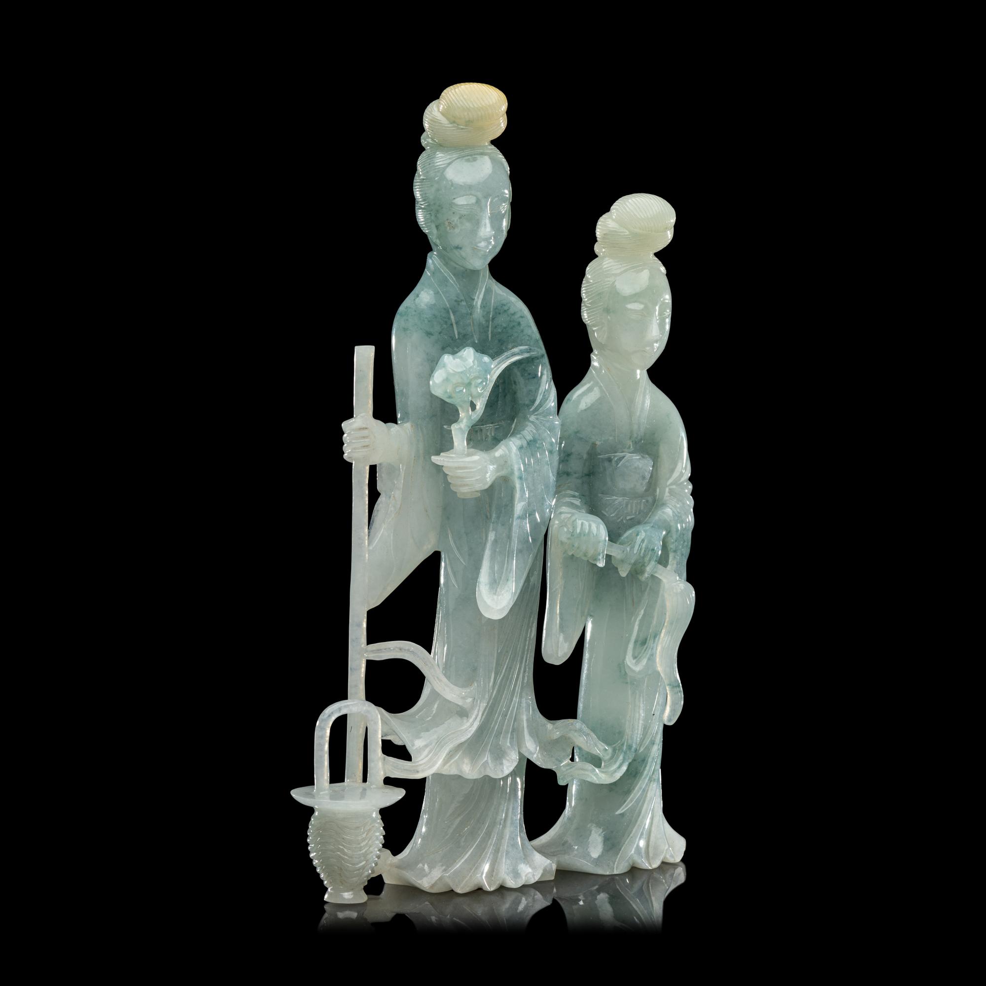 A Chinese Green Jadeite Carving of Two Female Immortals, 20th Century 近代 翡翠仕女擺件