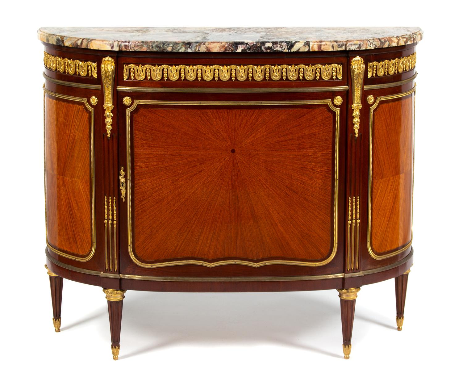 Pair of Louis XVI Style Gilt Bronze Mounted Marble Top Side Cabinets Height 37 1/2 x width 46 x depth 16 inches. — EARLY 20TH CENTURY