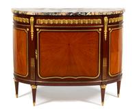 Pair of Louis XVI Style Gilt Bronze Mounted Marble Top Side Cabinets Height 37 1/2 x width 46 x depth 16 inches. — EARLY 20TH CENTURY