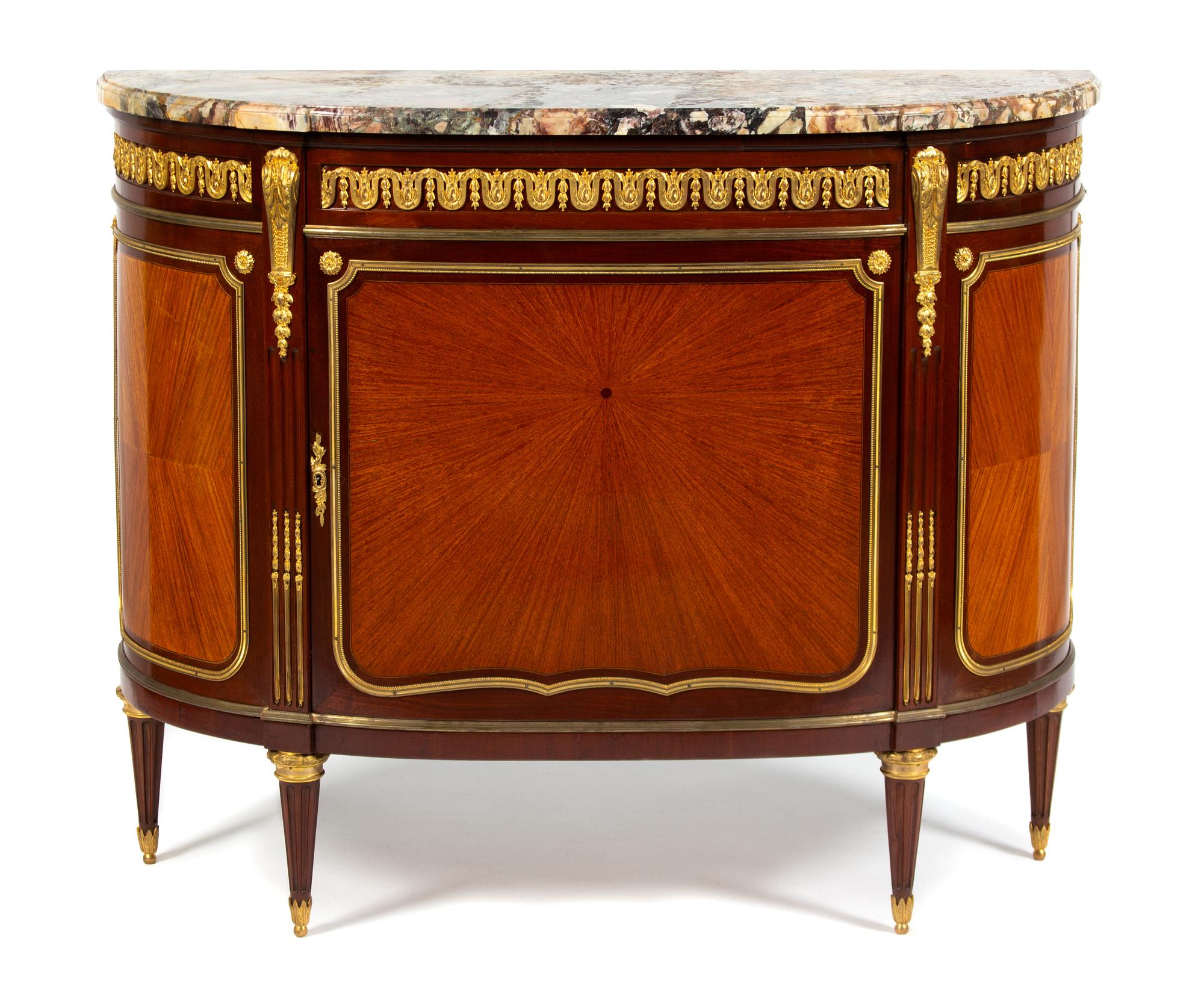 Pair of Louis XVI Style Gilt Bronze Mounted Marble Top Side Cabinets Height 37 1/2 x width 46 x depth 16 inches. — EARLY 20TH CENTURY