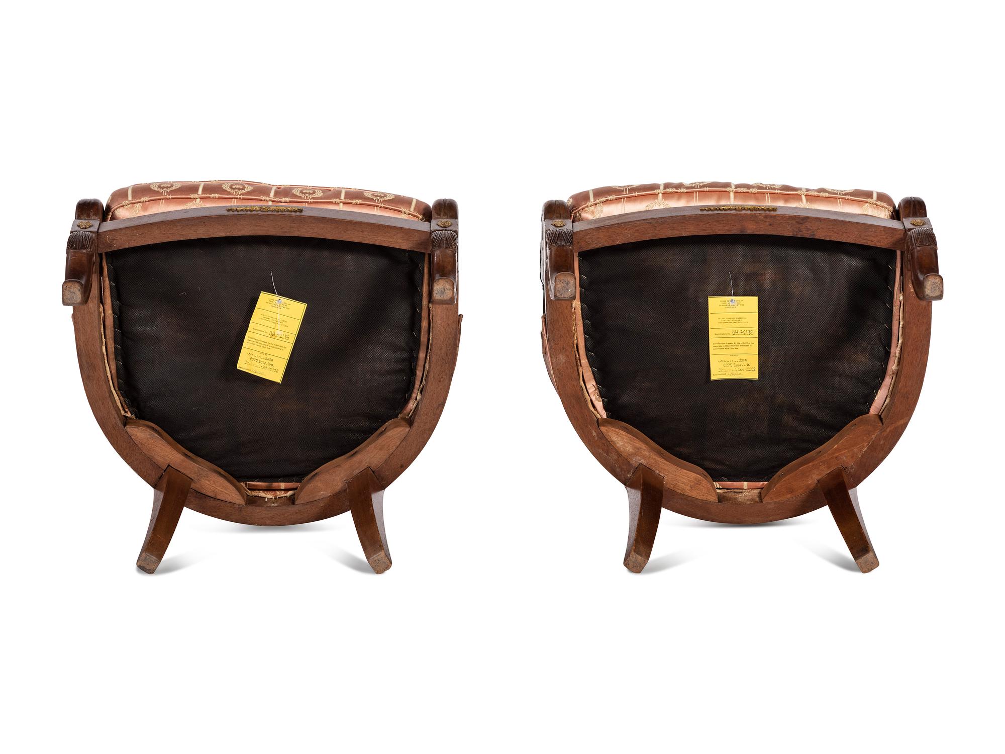 A Pair of Empire Style Silk Upholstered Armchairs