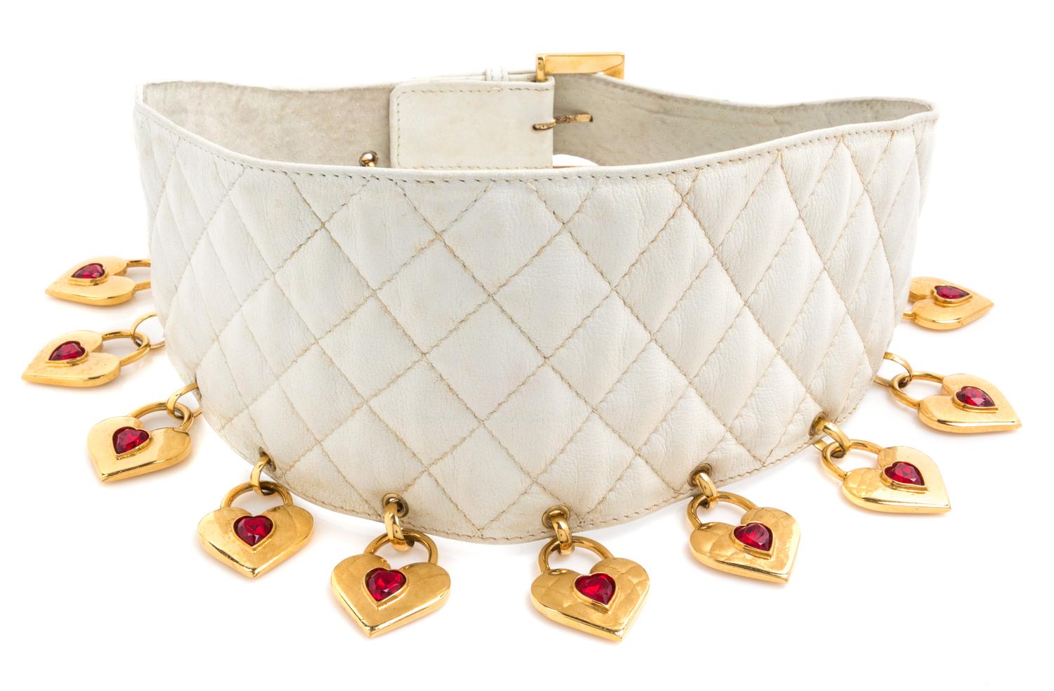 A Chanel White Quilted Belt, 30" x 4.25".