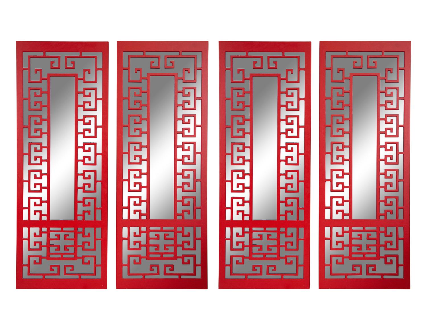 A Set of Four Red Lacquer Mirrored Wall Panels