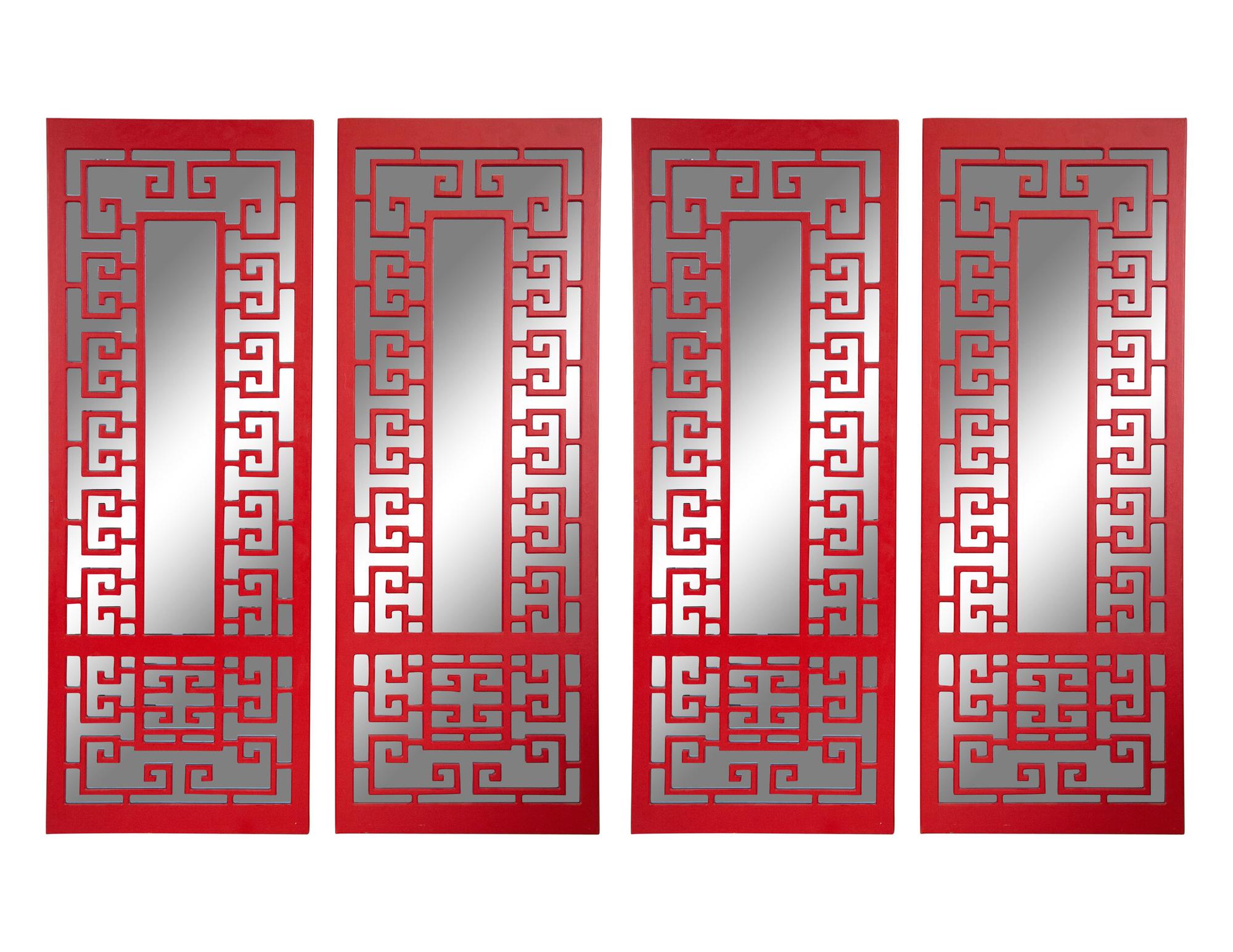 A Set of Four Red Lacquer Mirrored Wall Panels