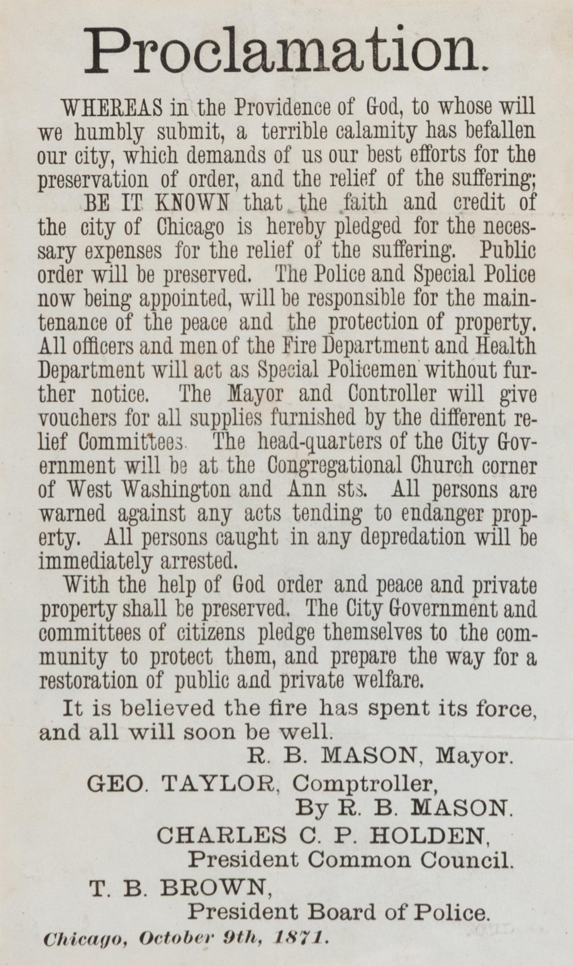[Chicago Fire]. Proclamation. Chicago, IL: R.B. Mason, Mayor, 9 October 1871.