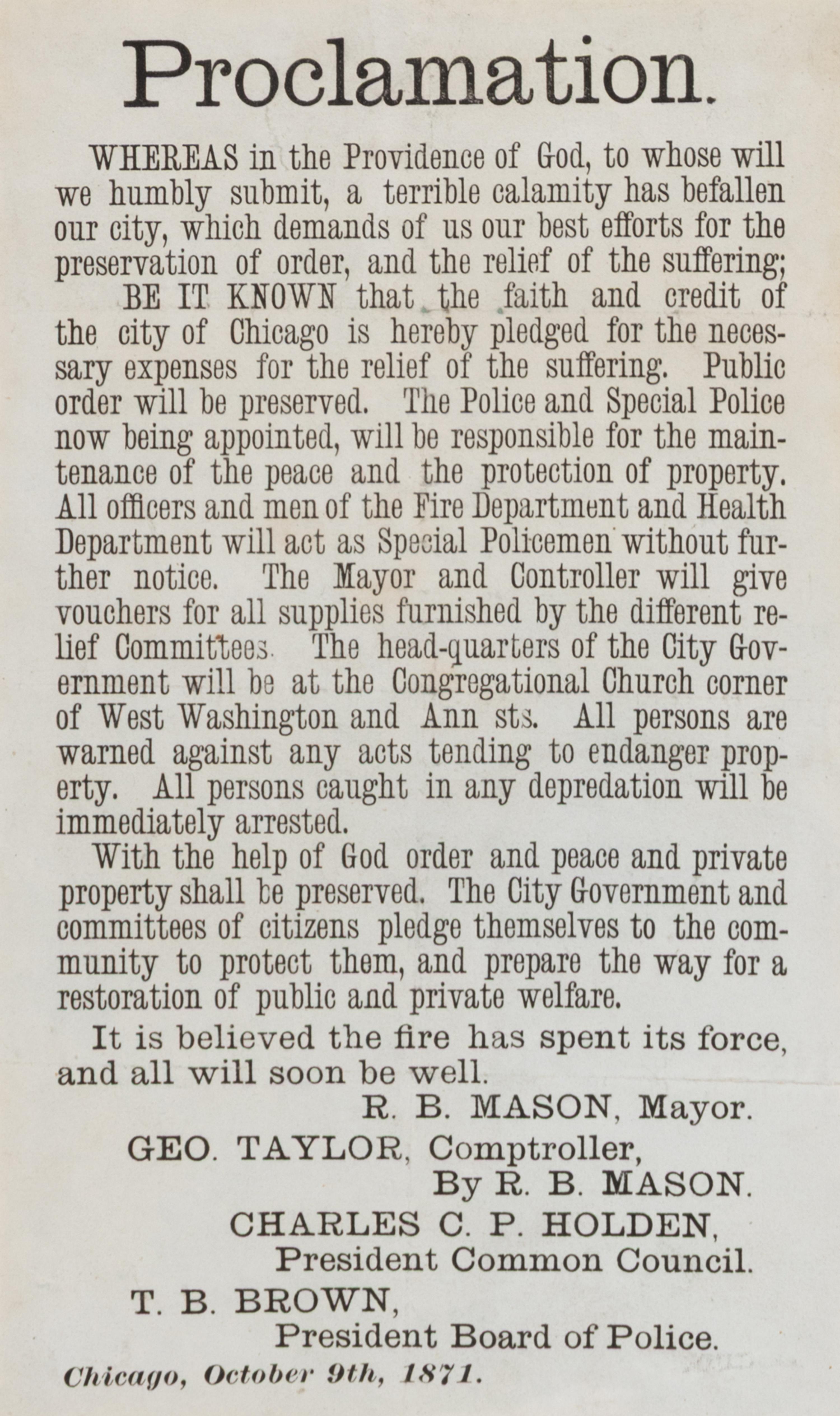 [Chicago Fire]. Proclamation. Chicago, IL: R.B. Mason, Mayor, 9 October 1871.