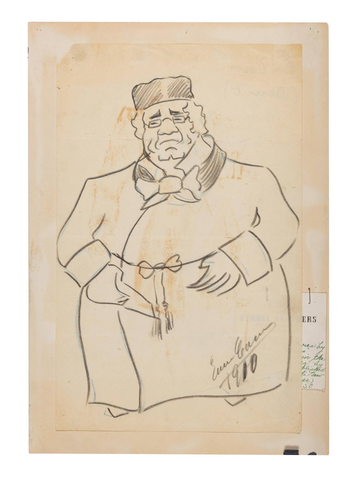 CARUSO, Enrico (1873-1921). Original drawing, full-length caricature of Antonio Pini-Corsi, in pencil, signed and dated lower right ("Enrico Caruso 1910").