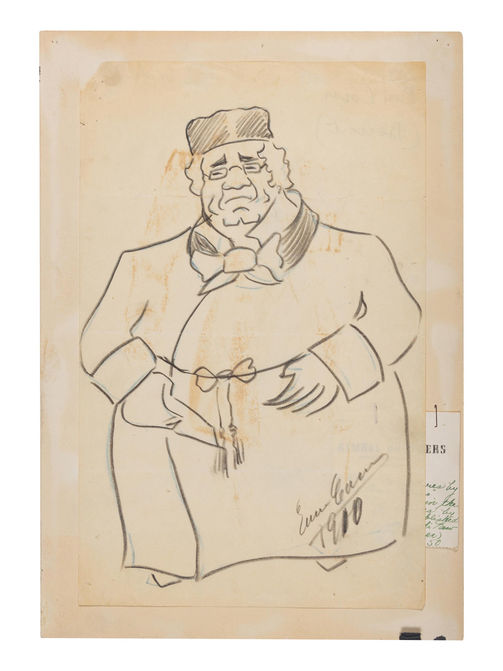 CARUSO, Enrico (1873-1921). Original drawing, full-length caricature of Antonio Pini-Corsi, in pencil, signed and dated lower right ("Enrico Caruso 1910").