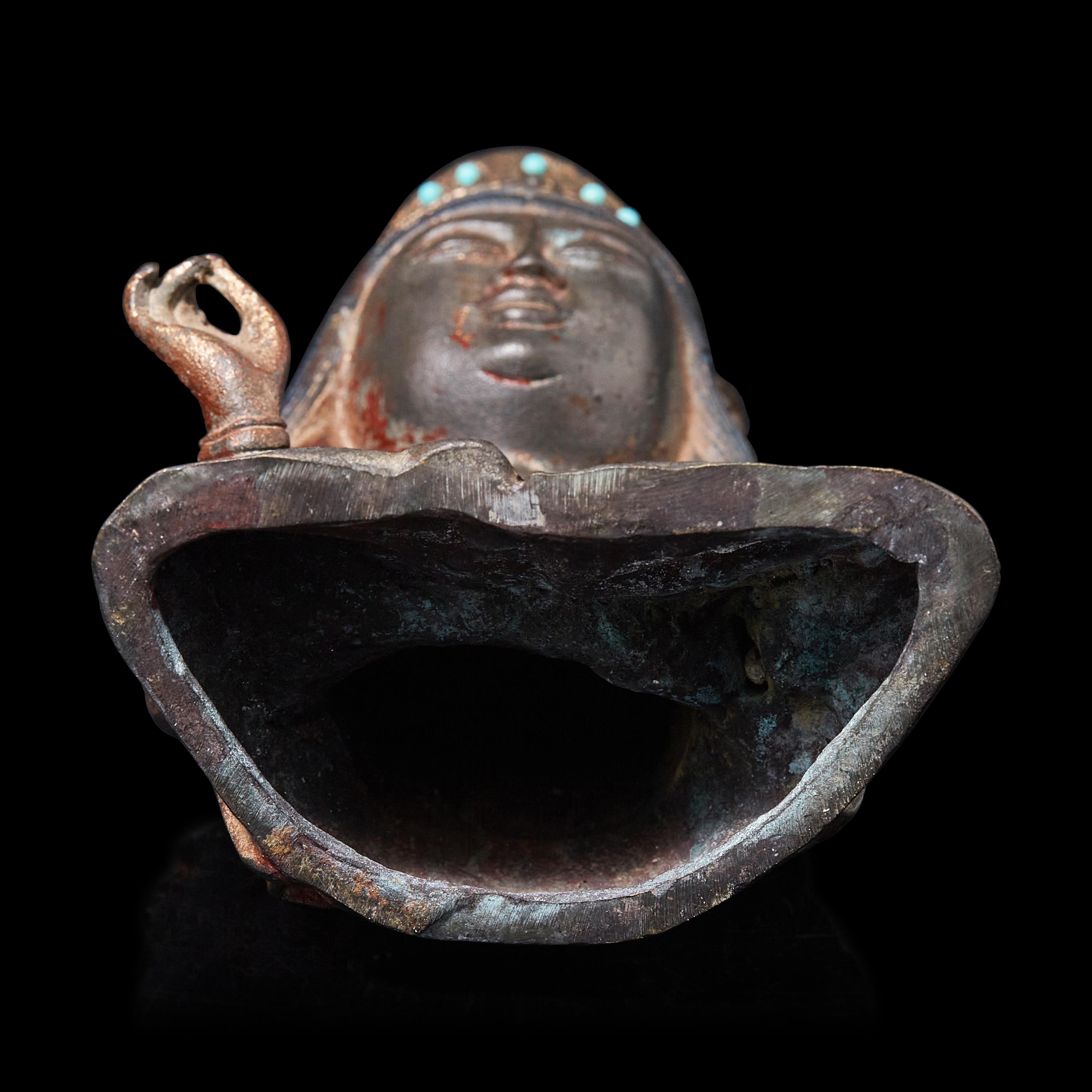 A Korean Polychrome Painted and Turquoise Inset Bronze Figure of a Bodhisattva, Joseon Period, Early 17th Century 十七世紀朝鮮王朝 銅嵌寳坐佛