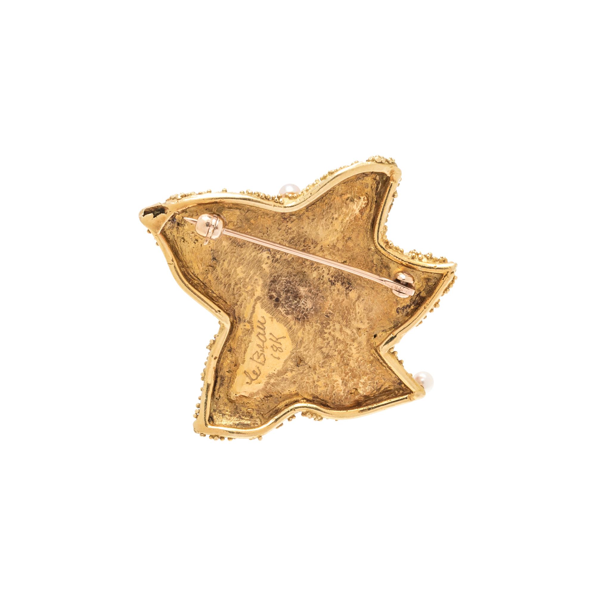 BORIS LEBEAU, YELLOW GOLD, CORAL AND CULTURED PEARL STARFISH BROOCH