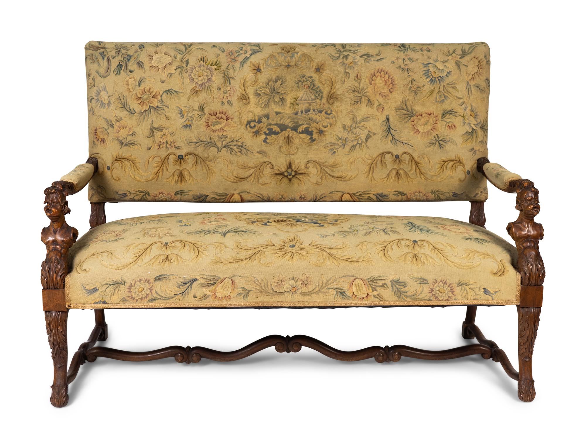 A Continental Baroque Style Walnut Bench with Needlepoint Upholstery — 19TH CENTURY