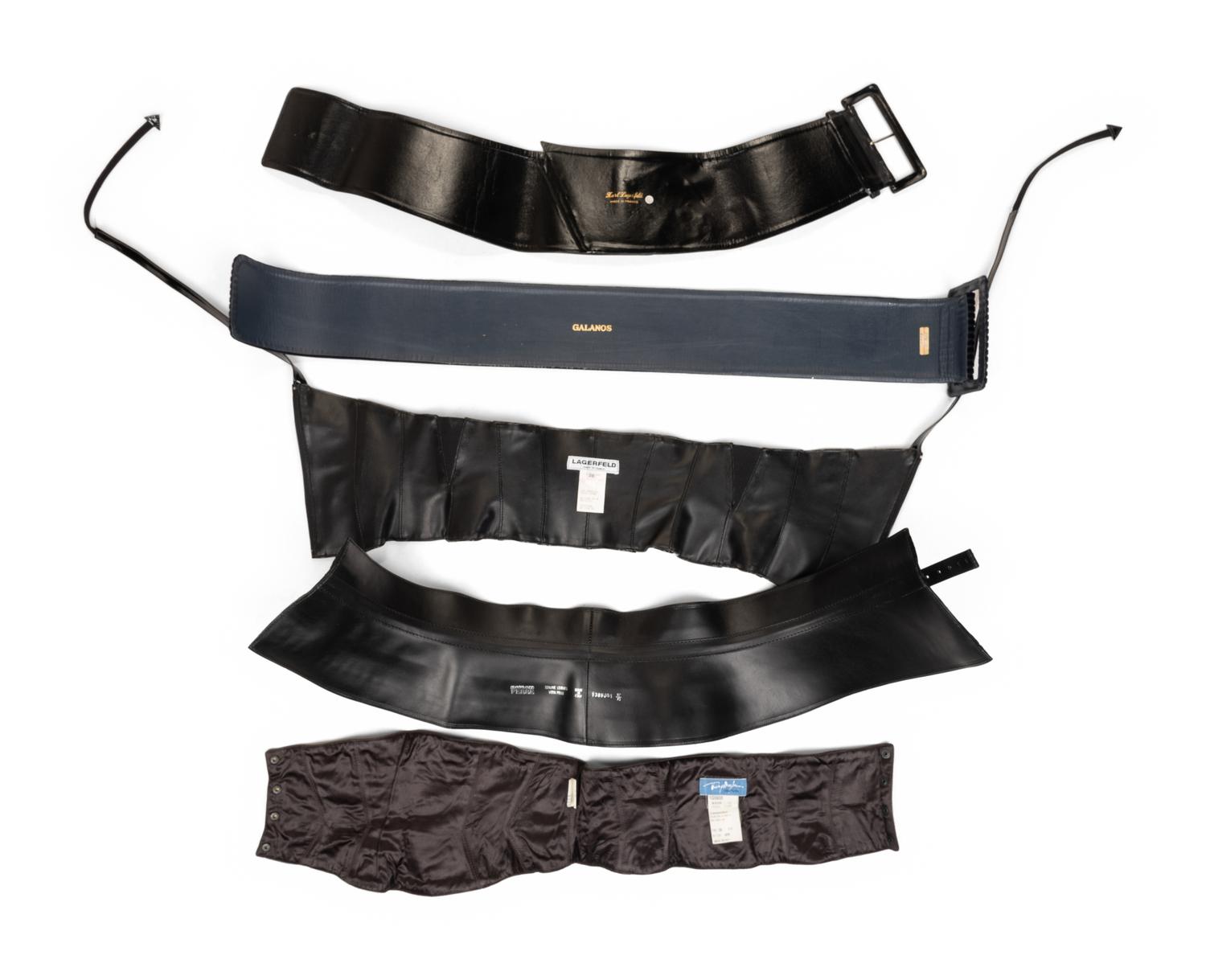 Five Designer Belts: One Ferré, One Mugler, Two Lagerfeld, and One Galanos, 1970-90s