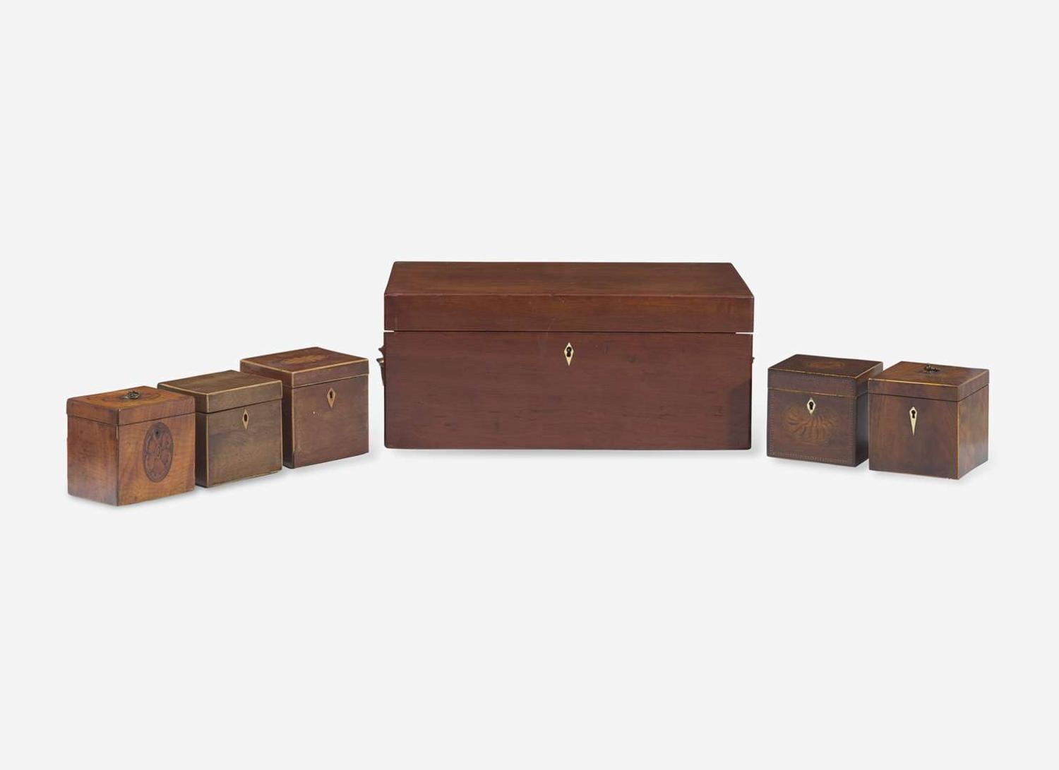 A collection of five George III and Regency inlaid mahogany and satinwood tea caddies and one writing box, late 18th / early 19th century