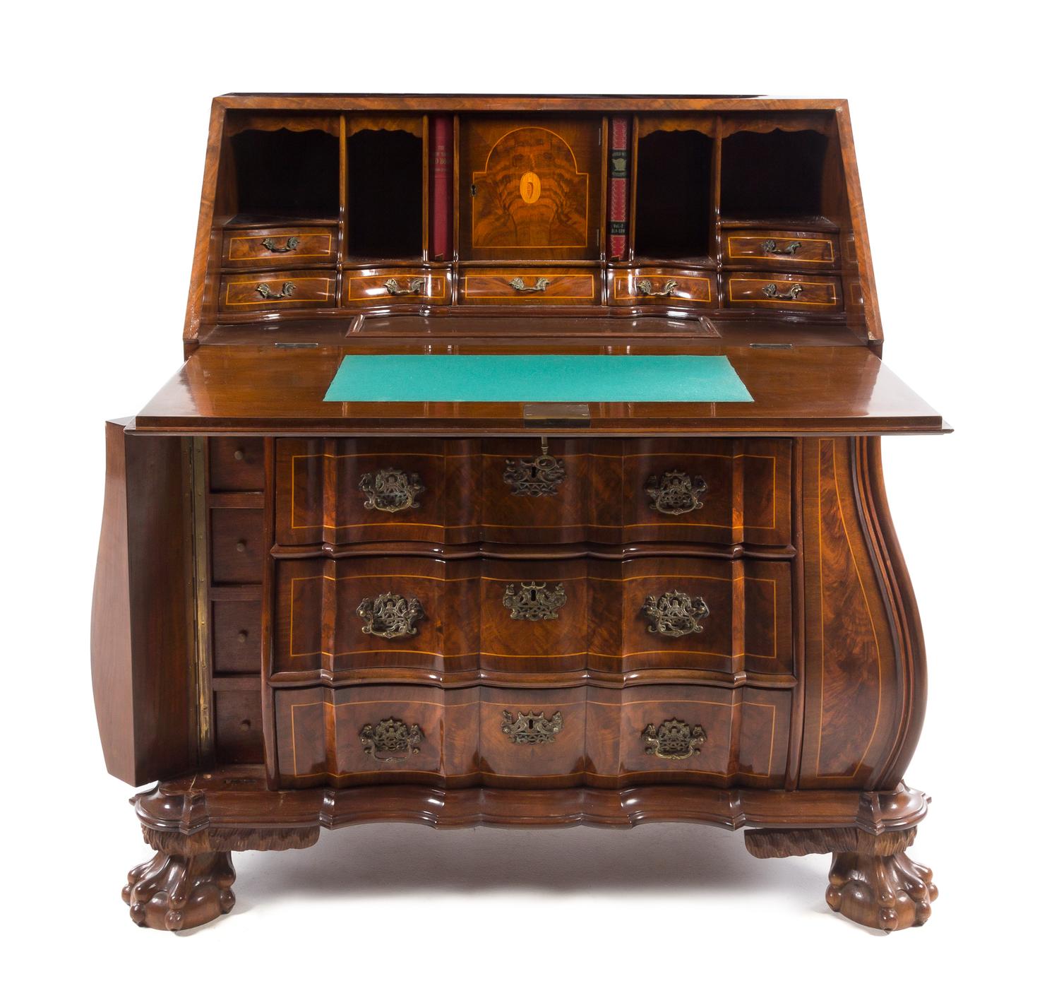 A Mahogany Bombe Bureau Height 24 x width 35 1/4 x depth 18 inches. — 20TH CENTURY