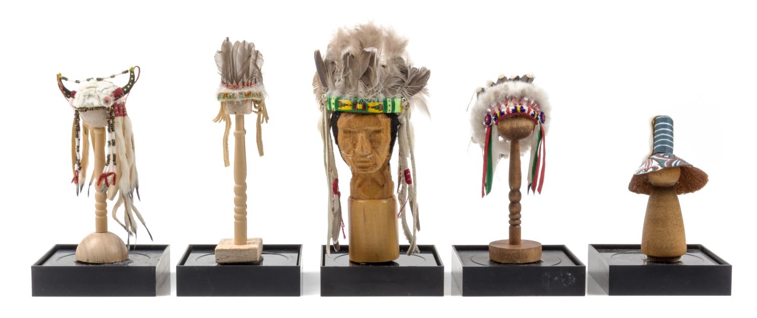 Five Native American Style Headdresses Length of longest 3 1/4 inches. — Various Makers