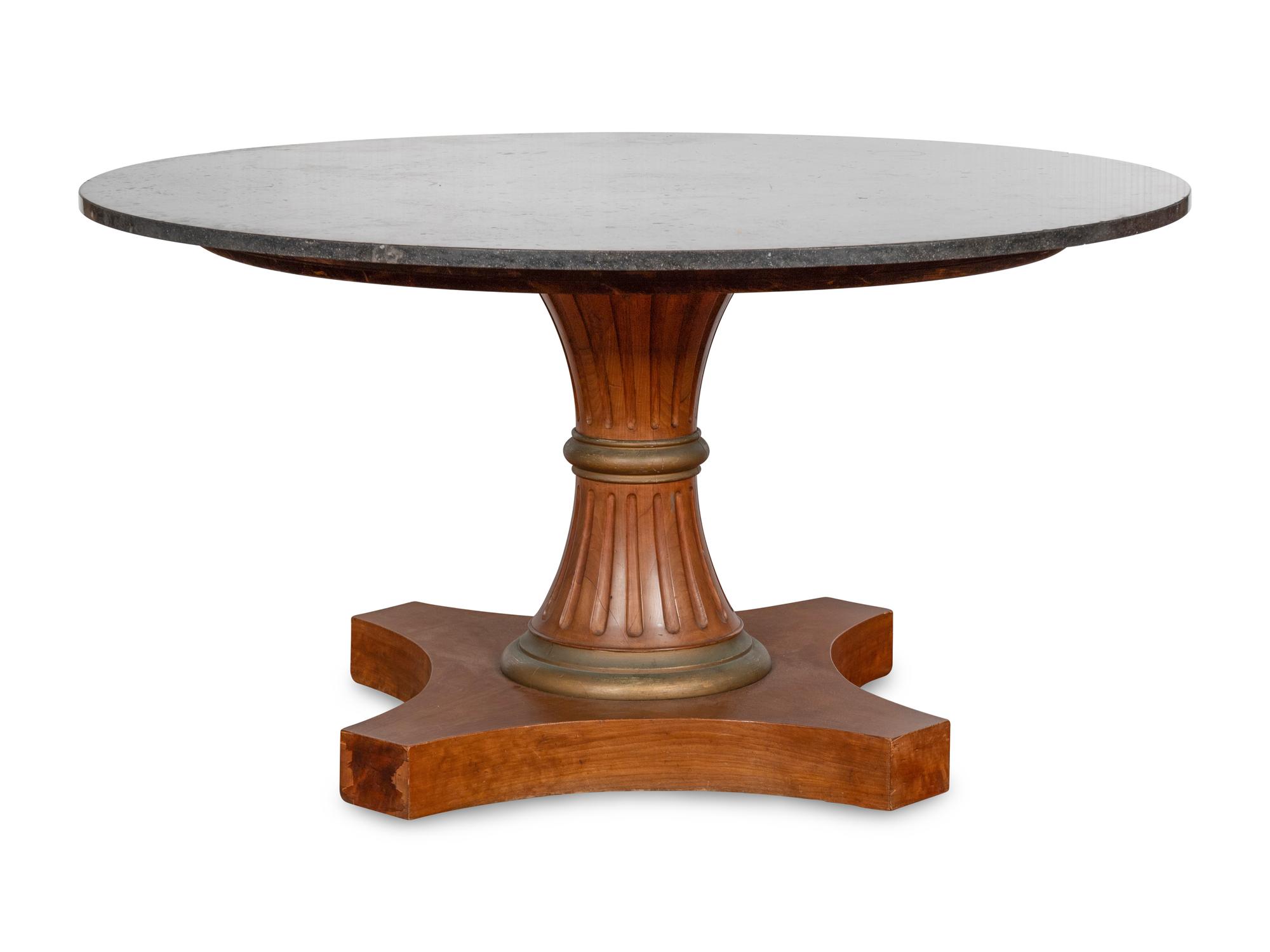 A Directoire Style Parcel-Gilt Walnut and Marble Top Pedestal Table
