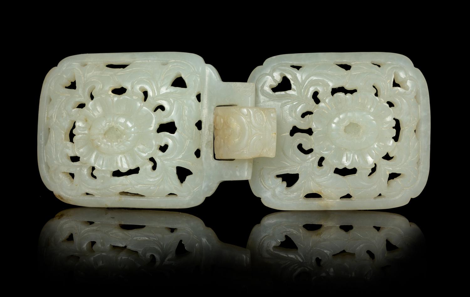 A Pale Celadon Jade Two-Part Belt Buckle Length 4 3/4 inches. — LATE 19TH CENTURY