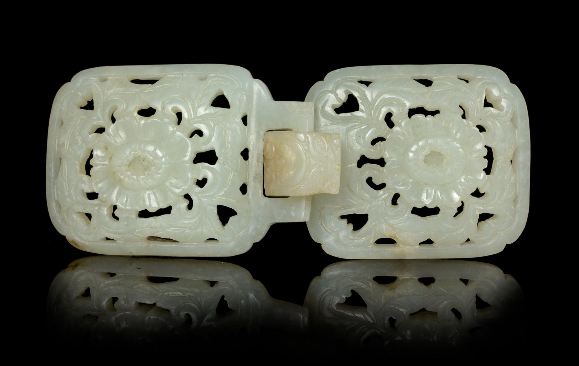 A Pale Celadon Jade Two-Part Belt Buckle Length 4 3/4 inches. — LATE 19TH CENTURY