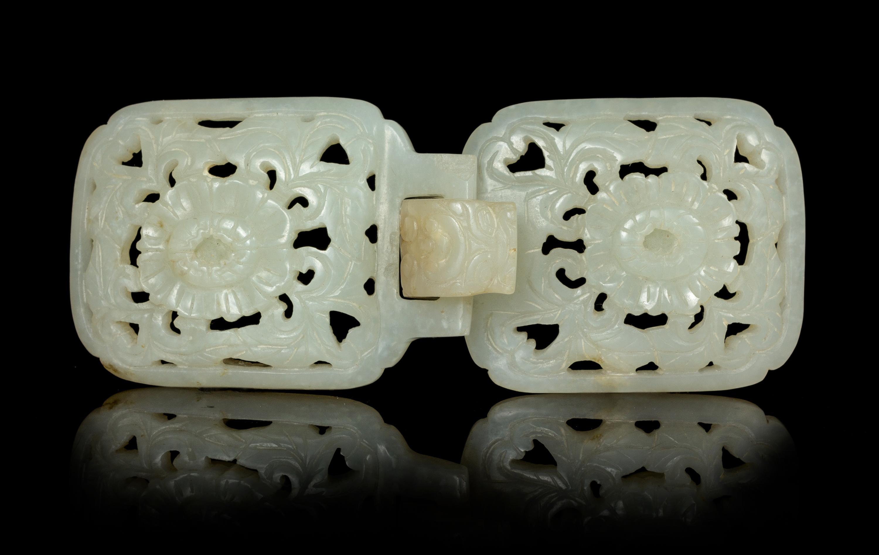 A Pale Celadon Jade Two-Part Belt Buckle Length 4 3/4 inches. — LATE 19TH CENTURY
