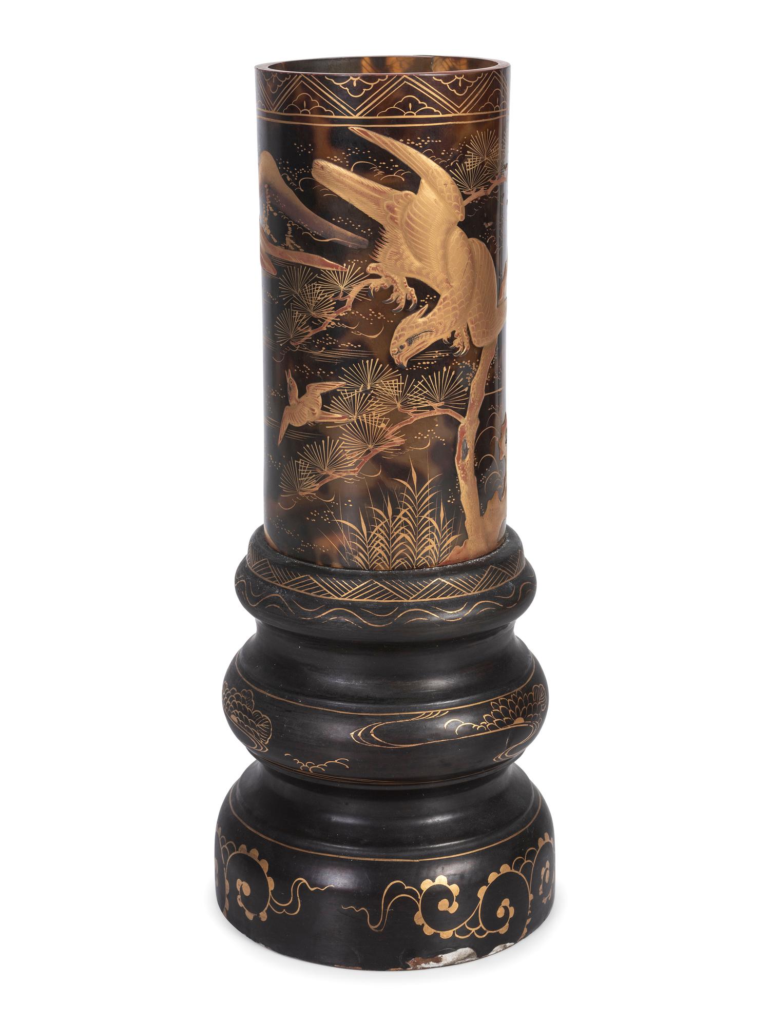 A Japanese Lacquer Brush Pot on Stand