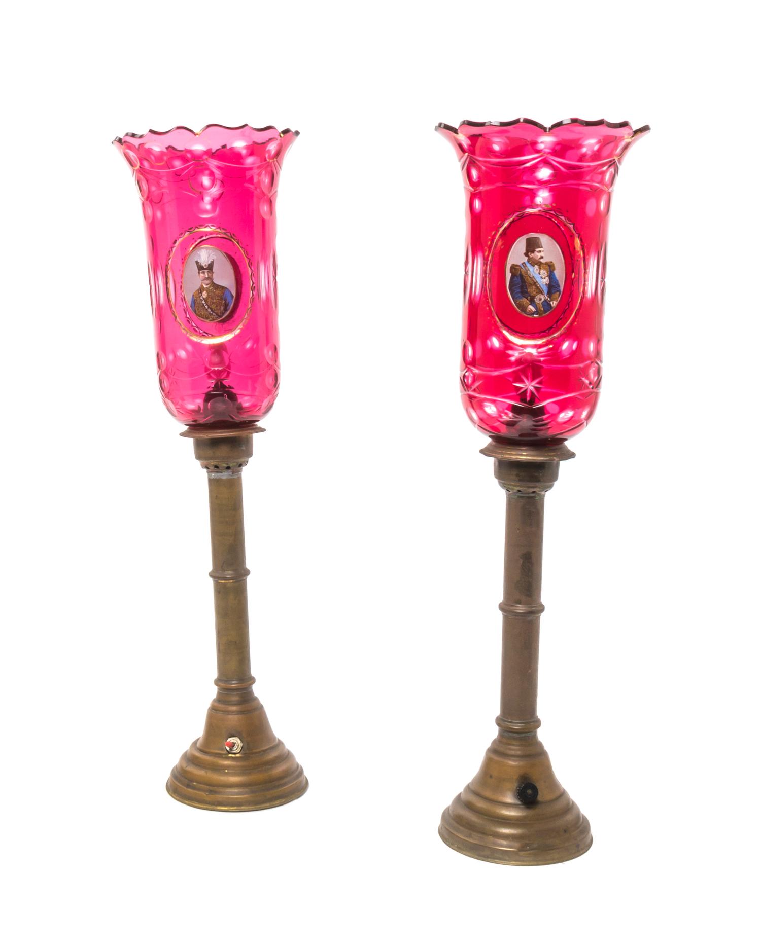 A Pair of Bohemian Enameled Cranberry Glass Shades, Height of shade 9 7/8 inches.