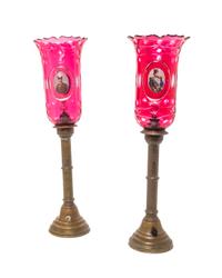 A Pair of Bohemian Enameled Cranberry Glass Shades, Height of shade 9 7/8 inches.