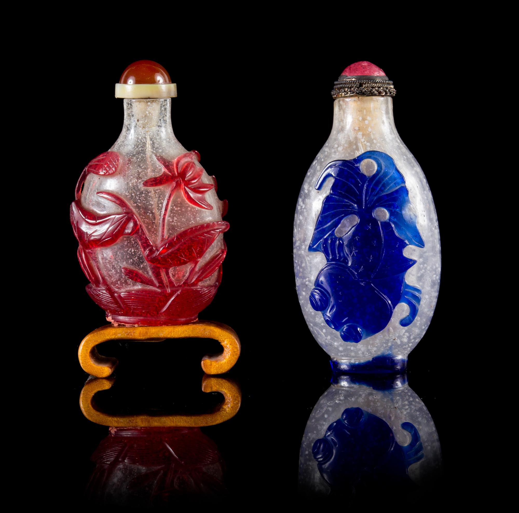 Two Peking Glass Snuff Bottles Height of taller 3 inches.
