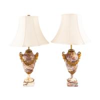 A Pair of French Marble and Gilt Bronze Mounted Urns Converted to Lamps