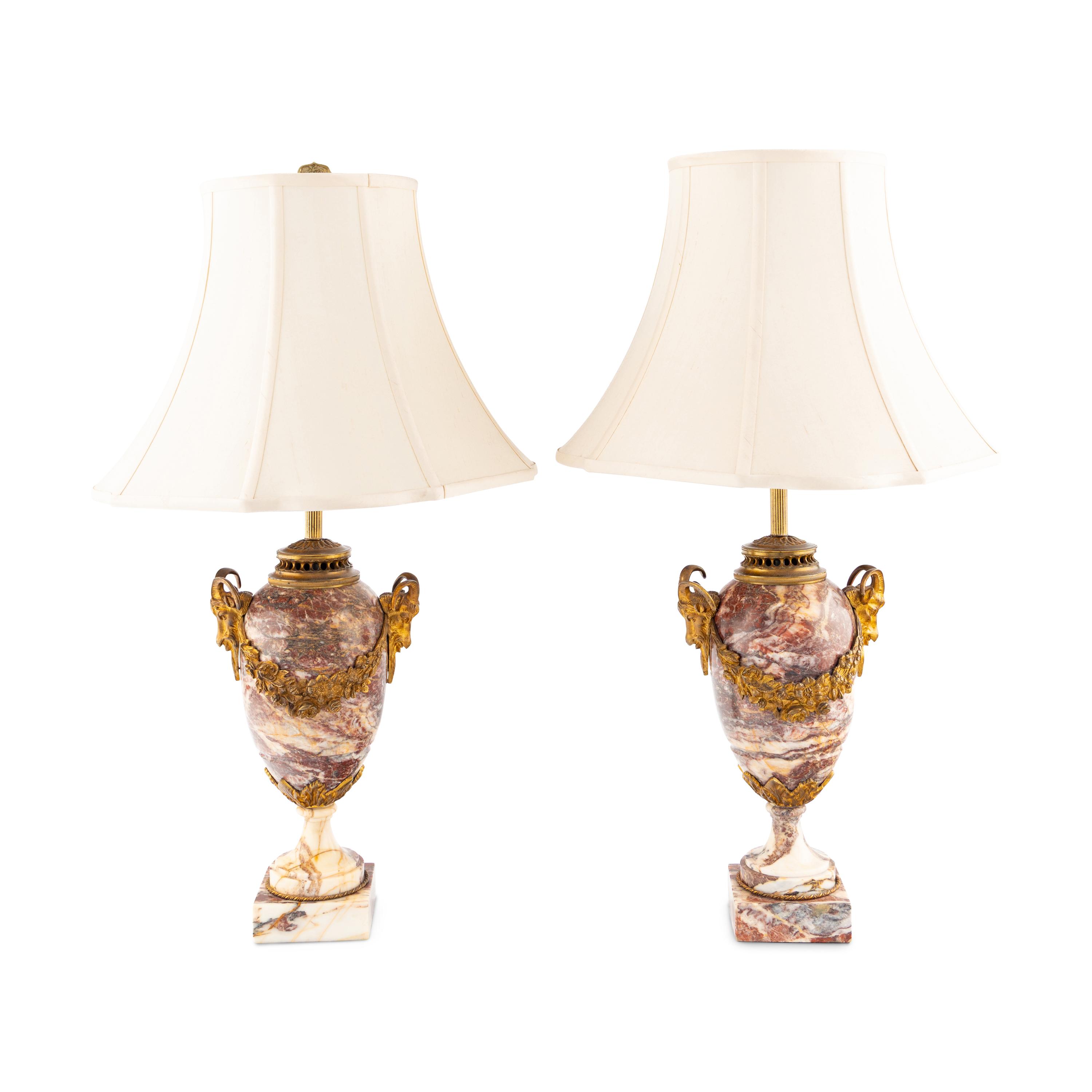 A Pair of French Marble and Gilt Bronze Mounted Urns Converted to Lamps