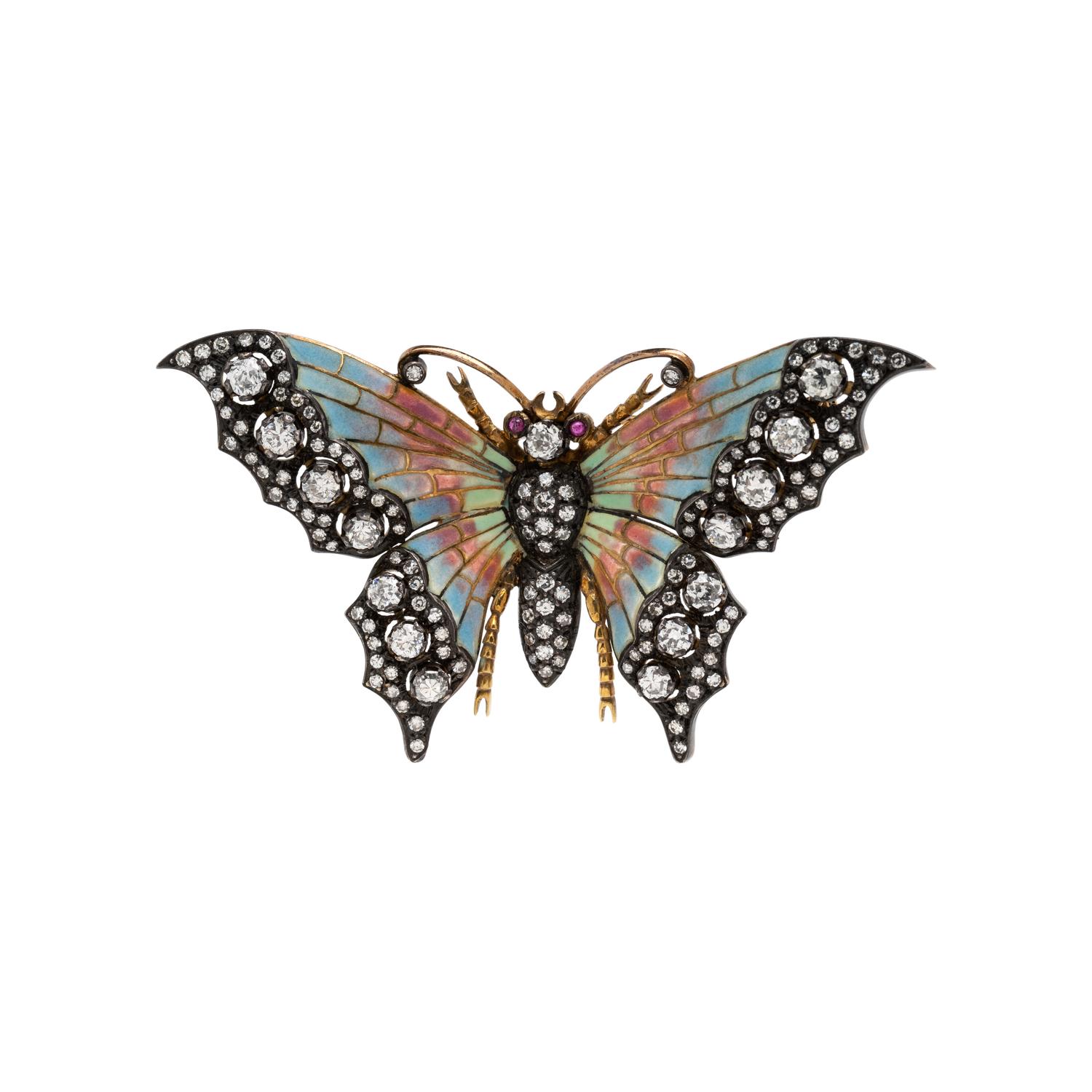 DIAMOND AND PLIQUE-À-JOUR ENAMEL BUTTERFLY BROOCH