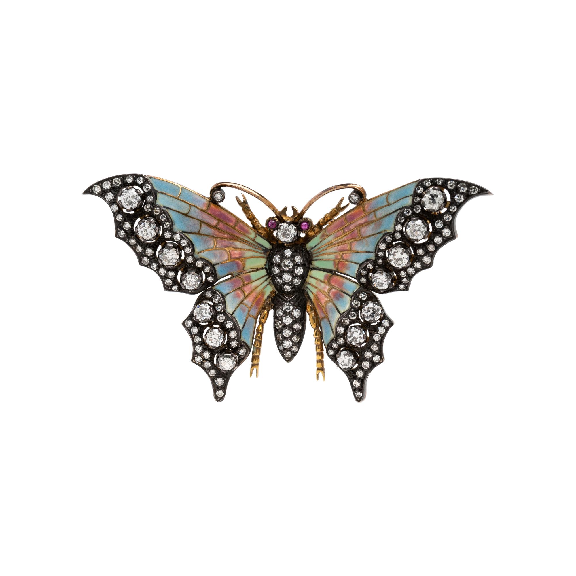 DIAMOND AND PLIQUE-À-JOUR ENAMEL BUTTERFLY BROOCH