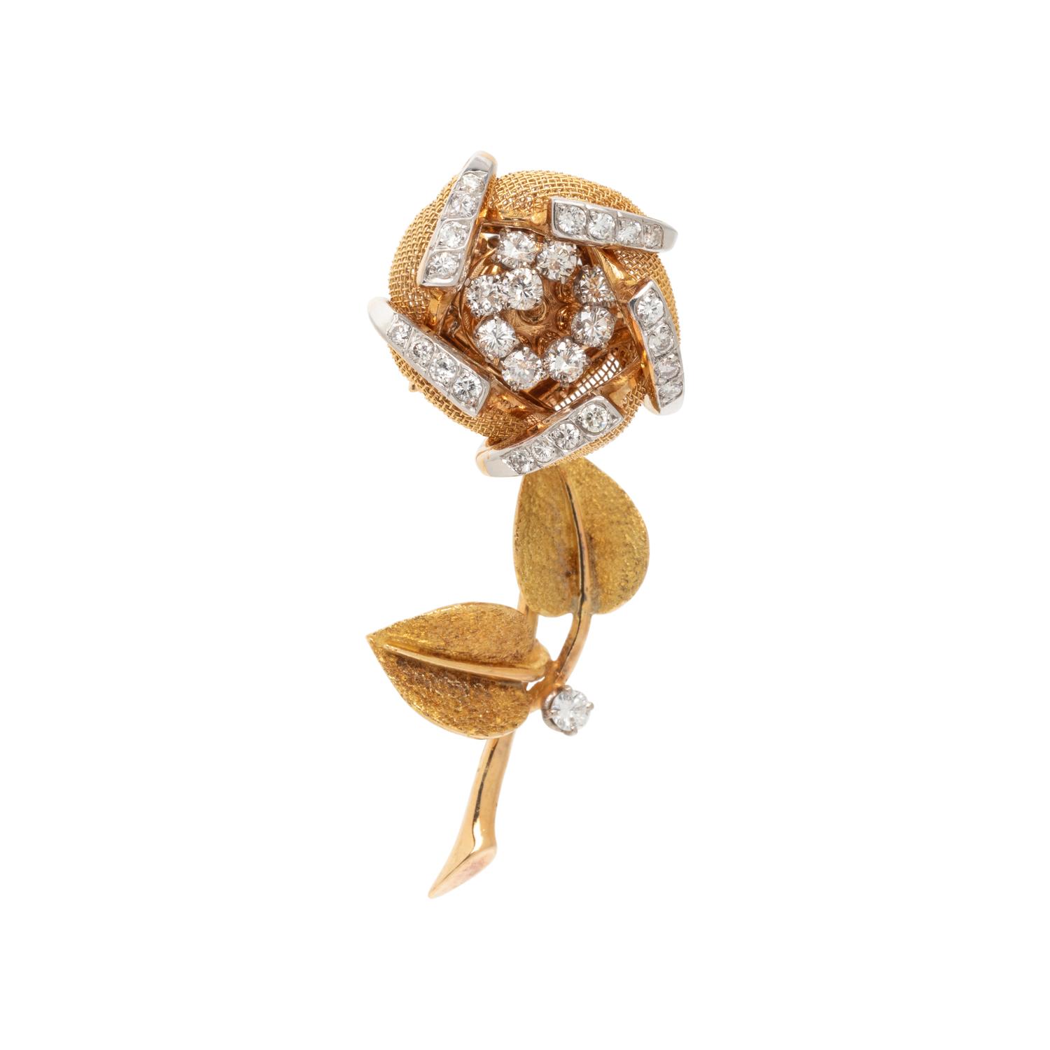 FRENCH, YELLOW GOLD, DIAMOND ARTICULATED FLOWER BROOCH