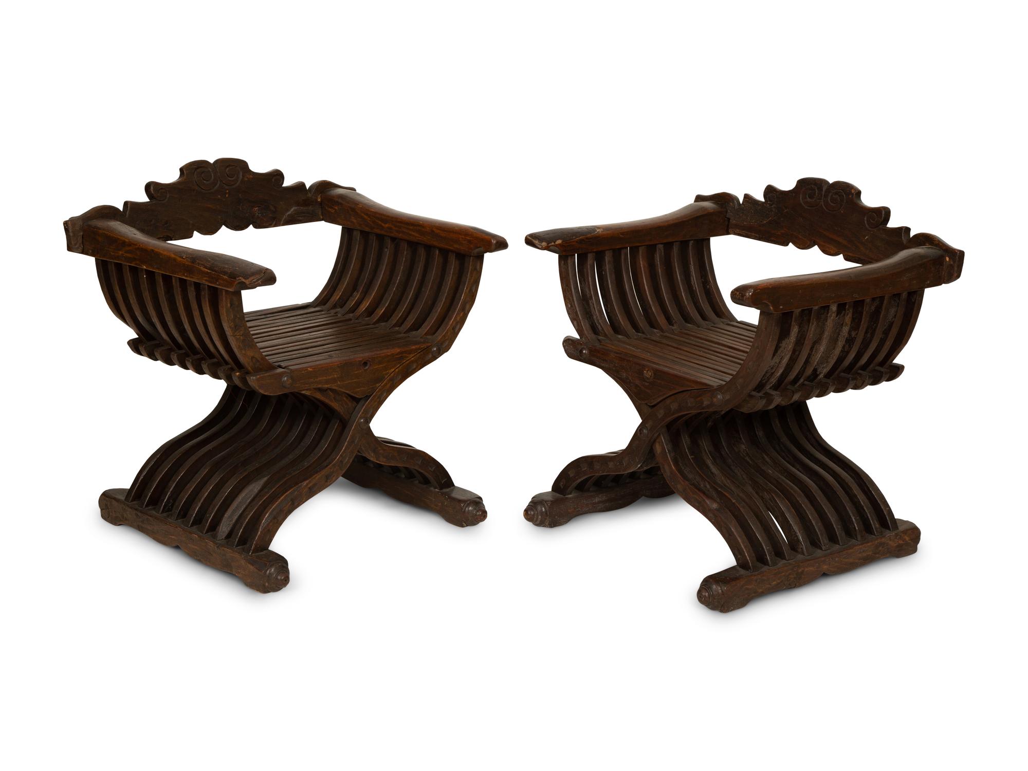 A Pair of Italian Walnut Savonarola Folding Chairs