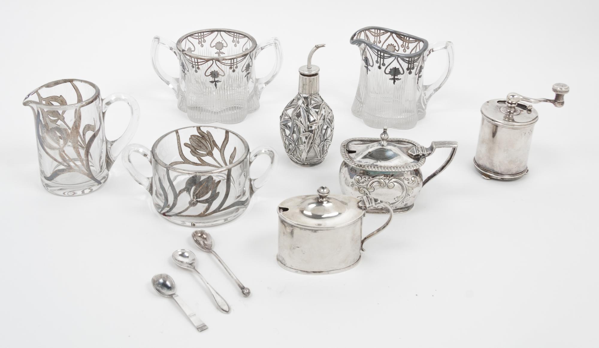 A Collection of Silver and Silver Overlay Articles, 19th and 20th Century, comprising two silver overlay creamer and sugar sets, a bamb