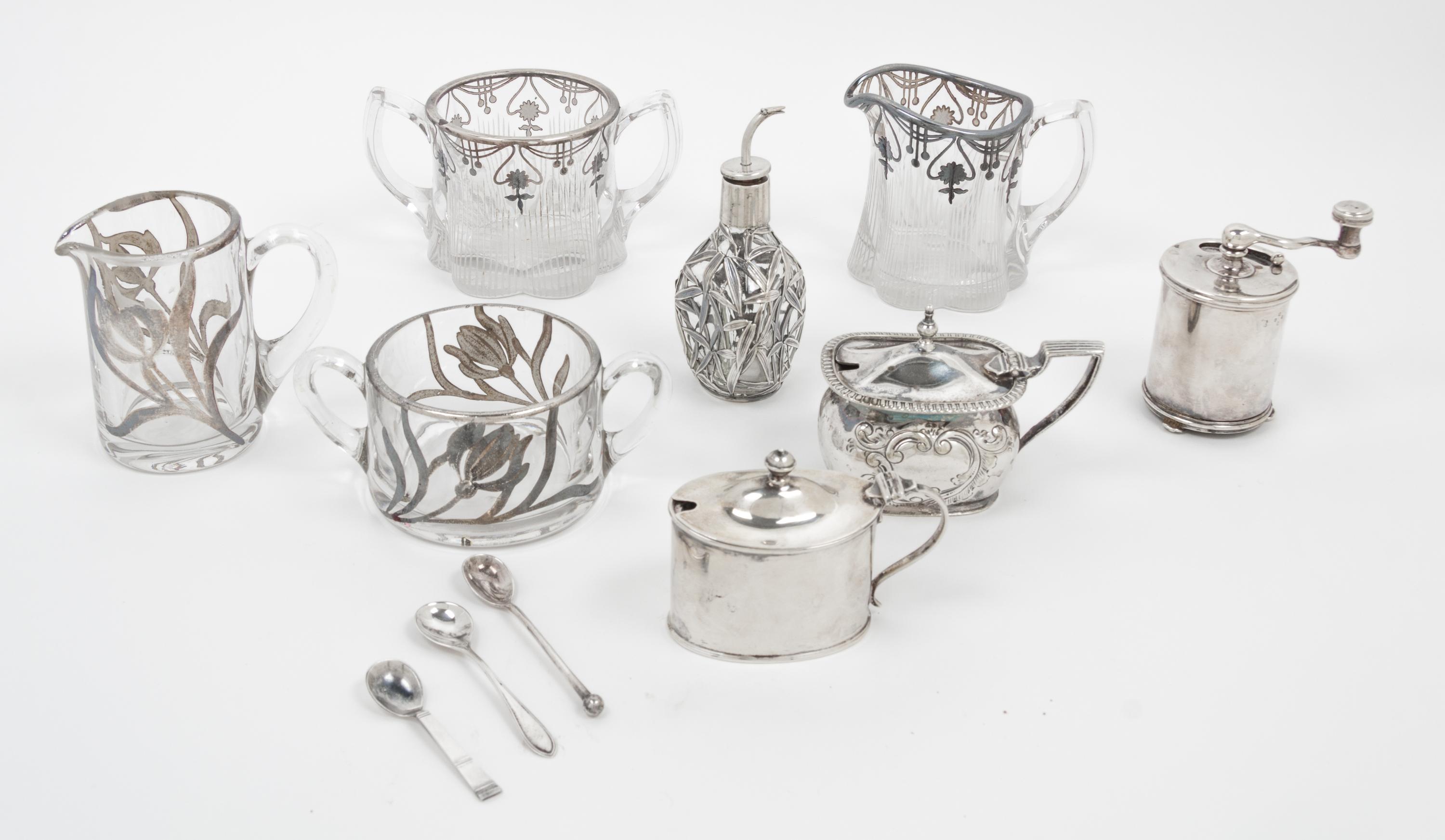 A Collection of Silver and Silver Overlay Articles, 19th and 20th Century, comprising two silver overlay creamer and sugar sets, a bamb