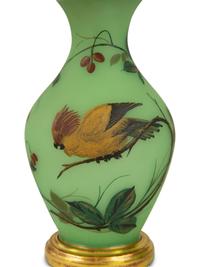 A Pair of French Green Opaline Glass Vases, Now Mounted as Lamps