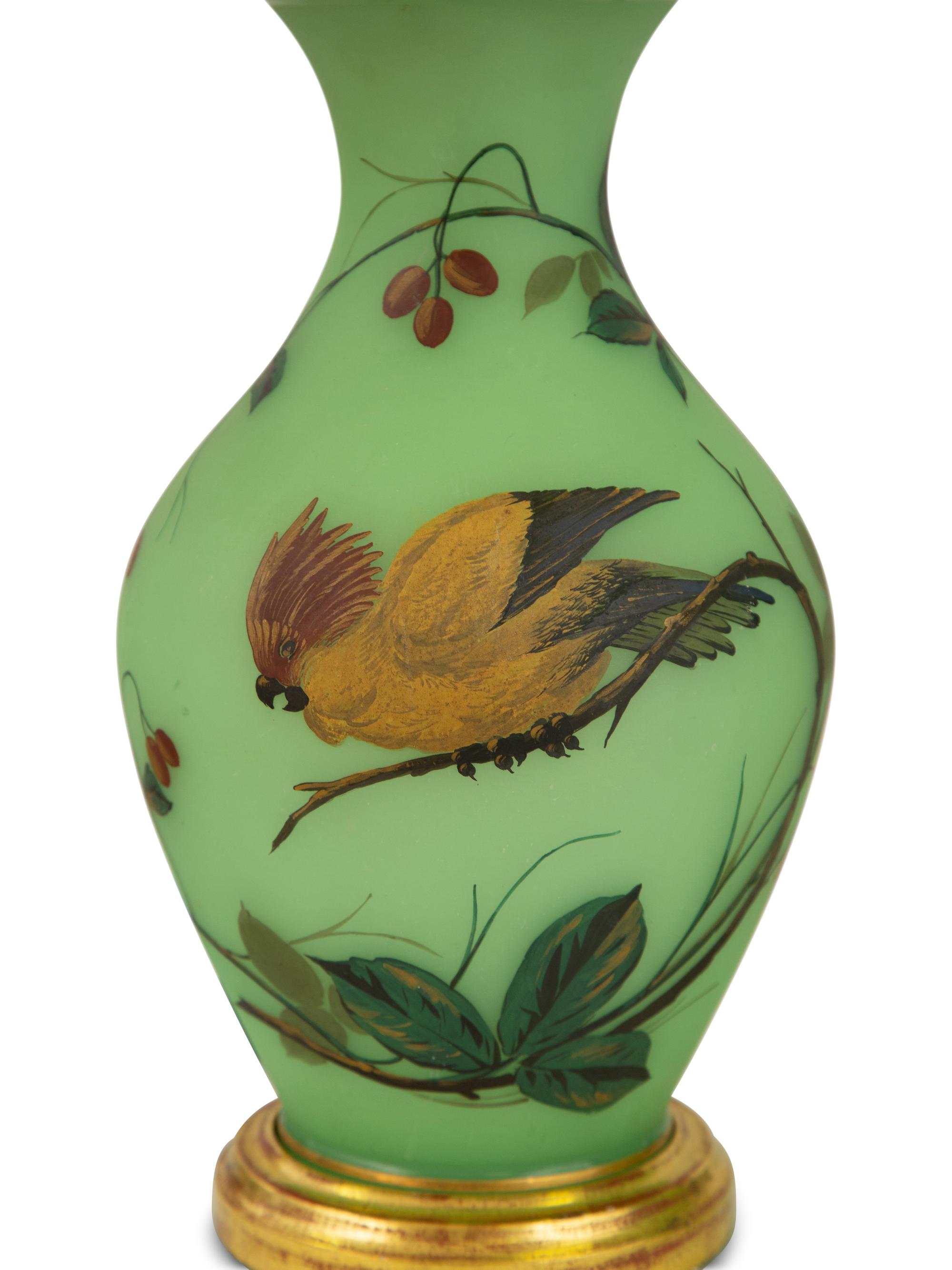 A Pair of French Green Opaline Glass Vases, Now Mounted as Lamps