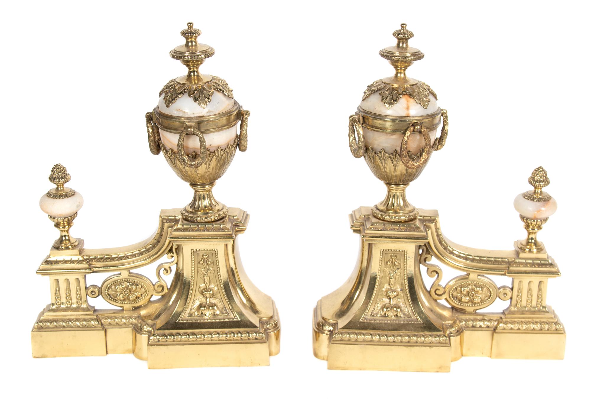 A Pair of Louis XVI Style Gilt-Bronze and Onyx Chenets