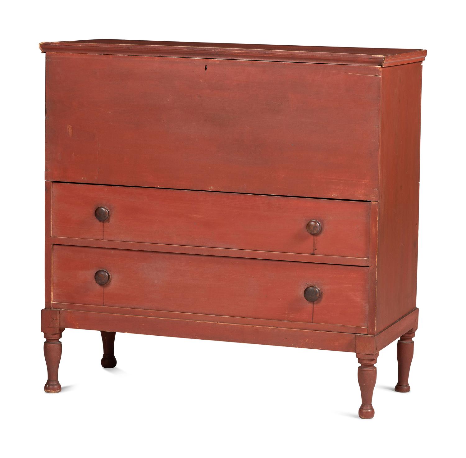A Country Federal Red Painted Pine and Maple Two-Drawer Blanket Chest