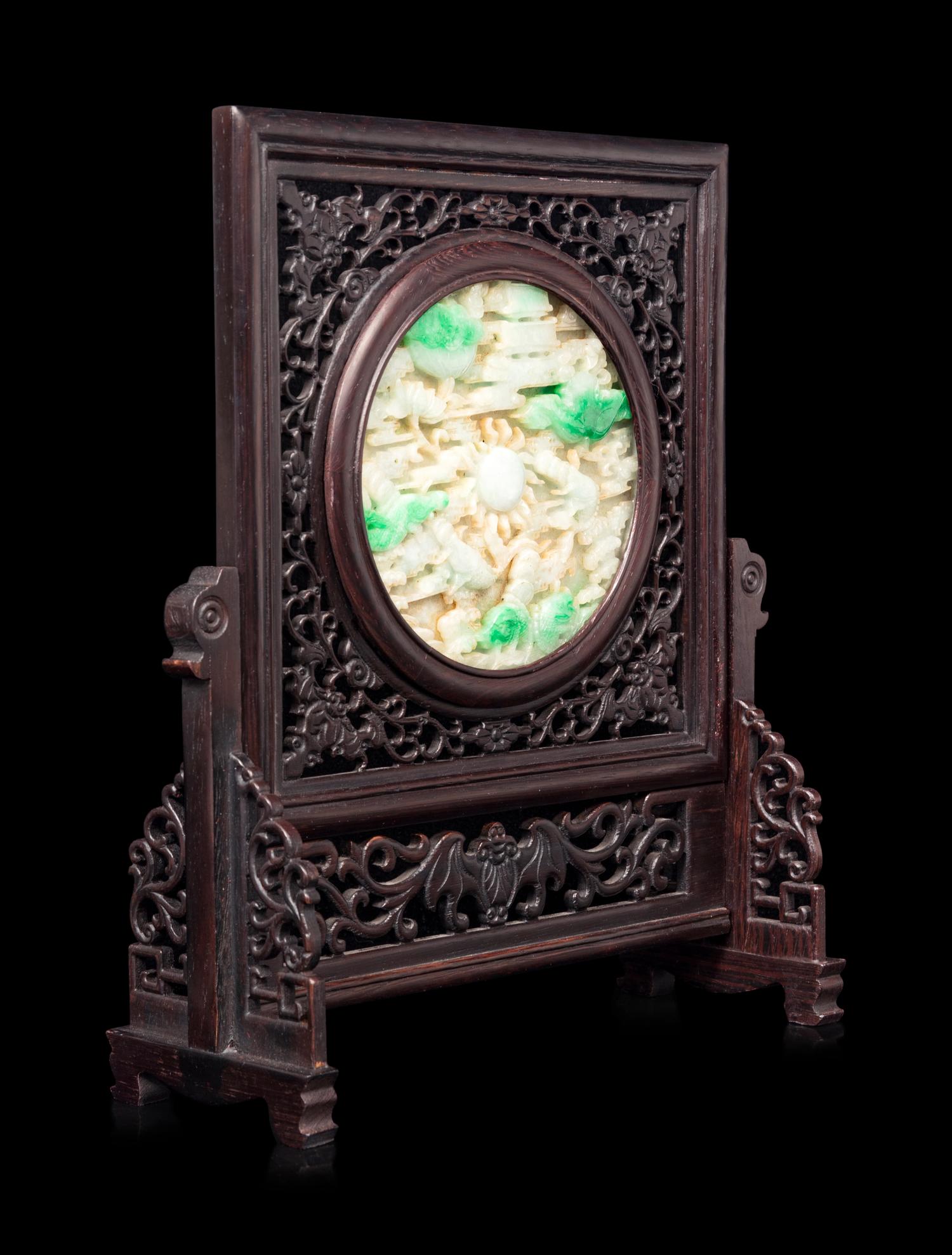 A Chinese Jadiete Inset Reticulated Hardwood Table Screen