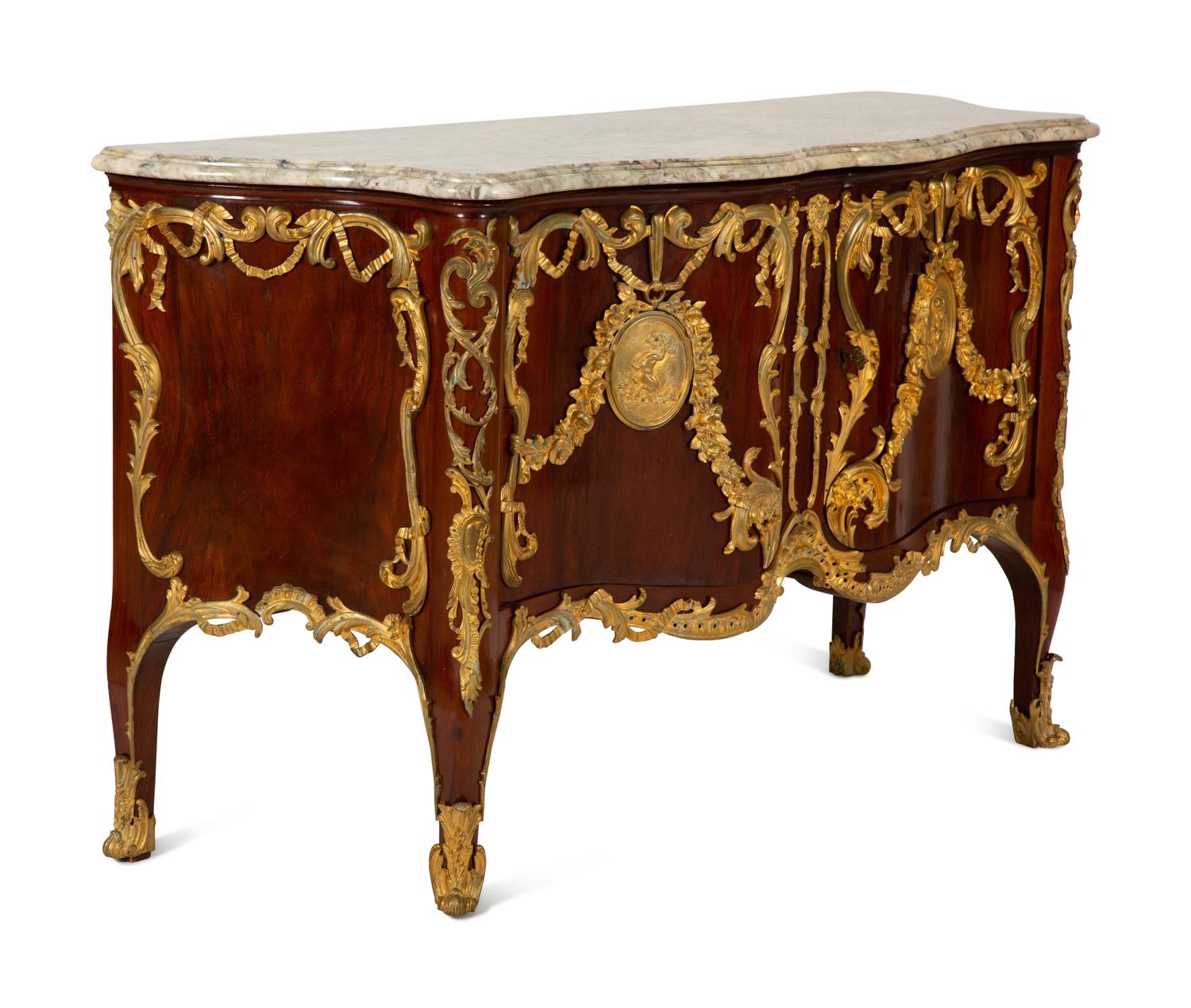 A Régence Style Gilt Bronze Mounted Mahogany Marble-Top Commode — Early 20th century