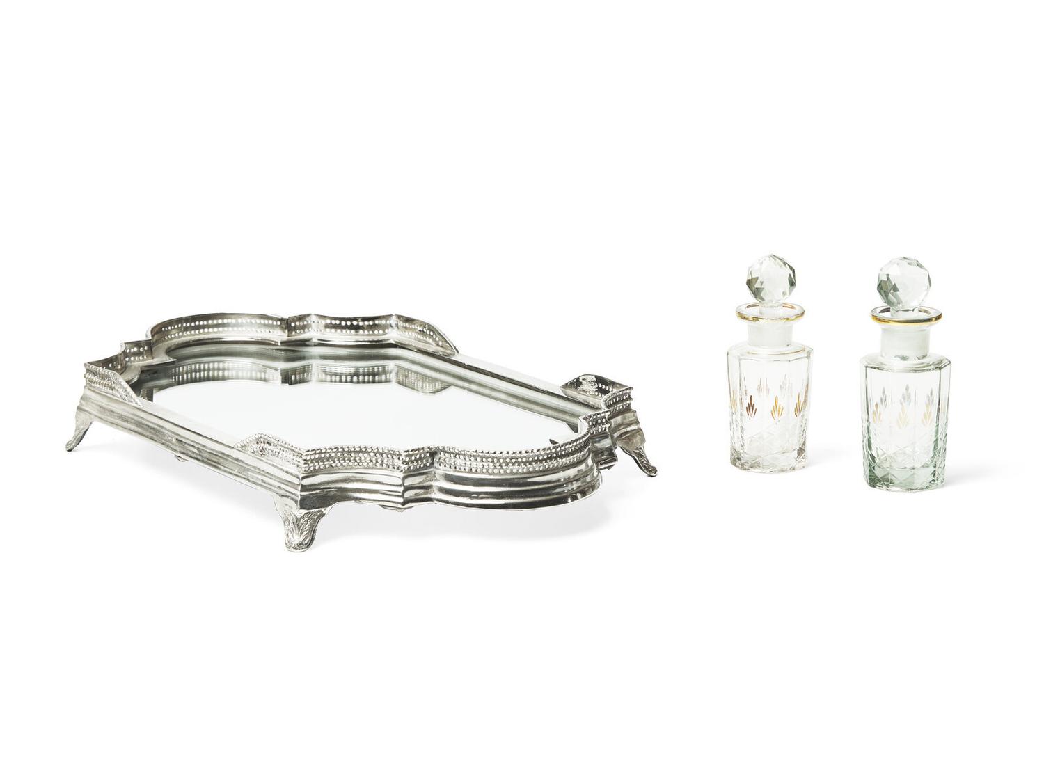 A Silver-Plate and Mirrored Table Plateau and a Pair of Cut Glass Decanters