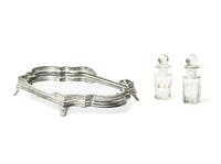 A Silver-Plate and Mirrored Table Plateau and a Pair of Cut Glass Decanters