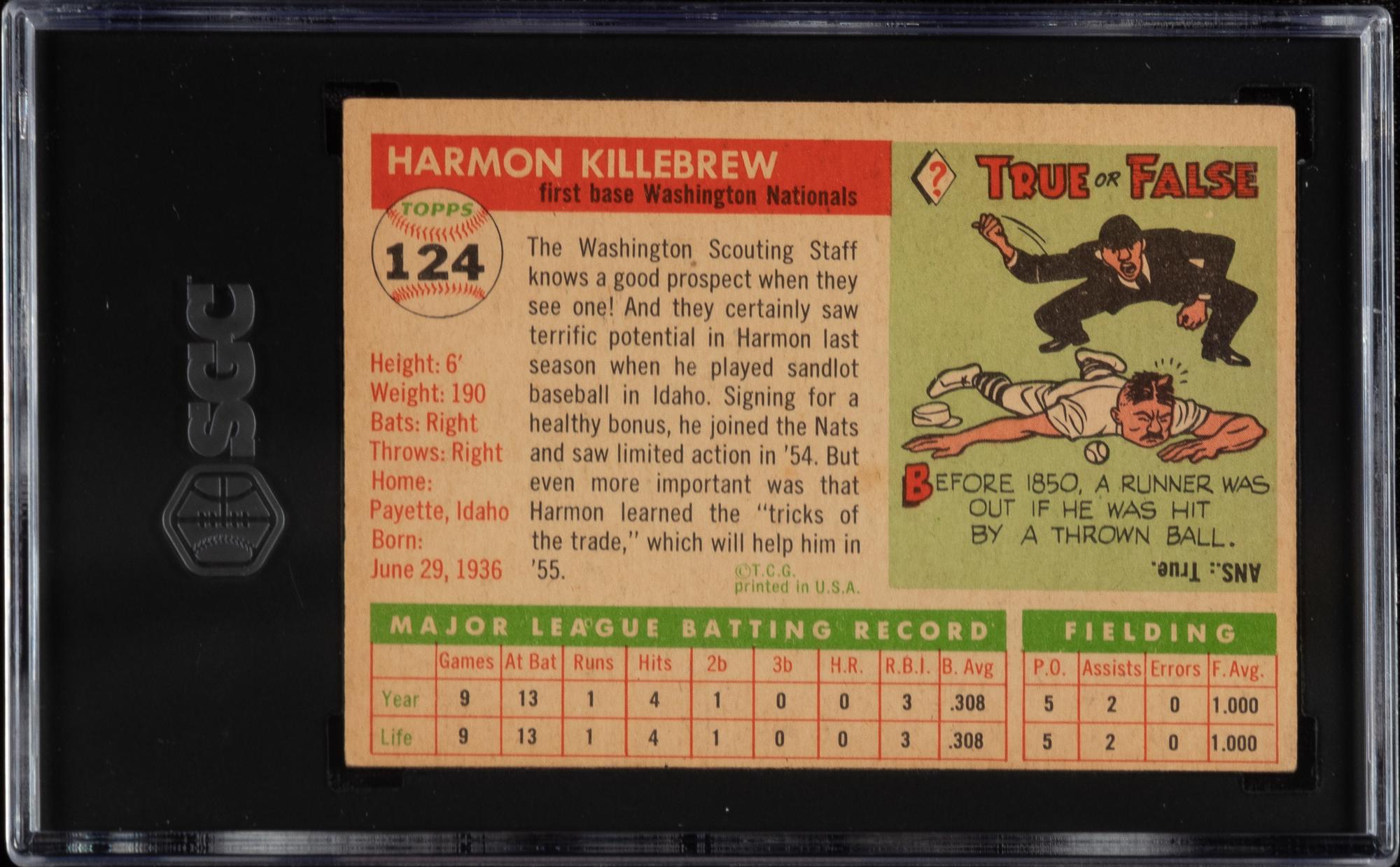 A 1955 Topps Harmon Killebrew Rookie Baseball Card No. 124 (SGC 4.5 VG/EX+)