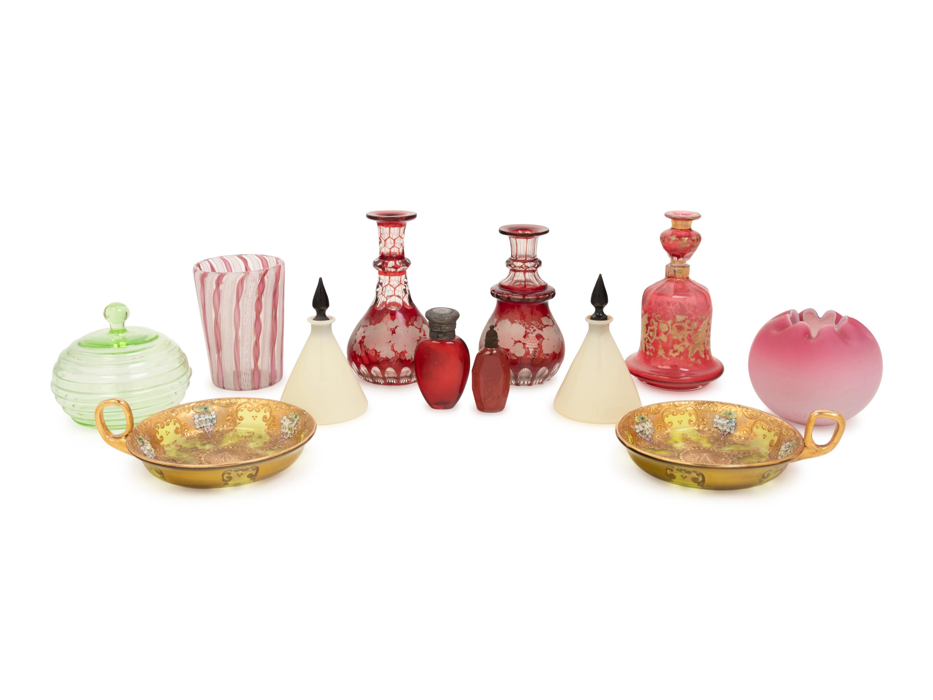 A Collection of Twelve Colored Glass Articles