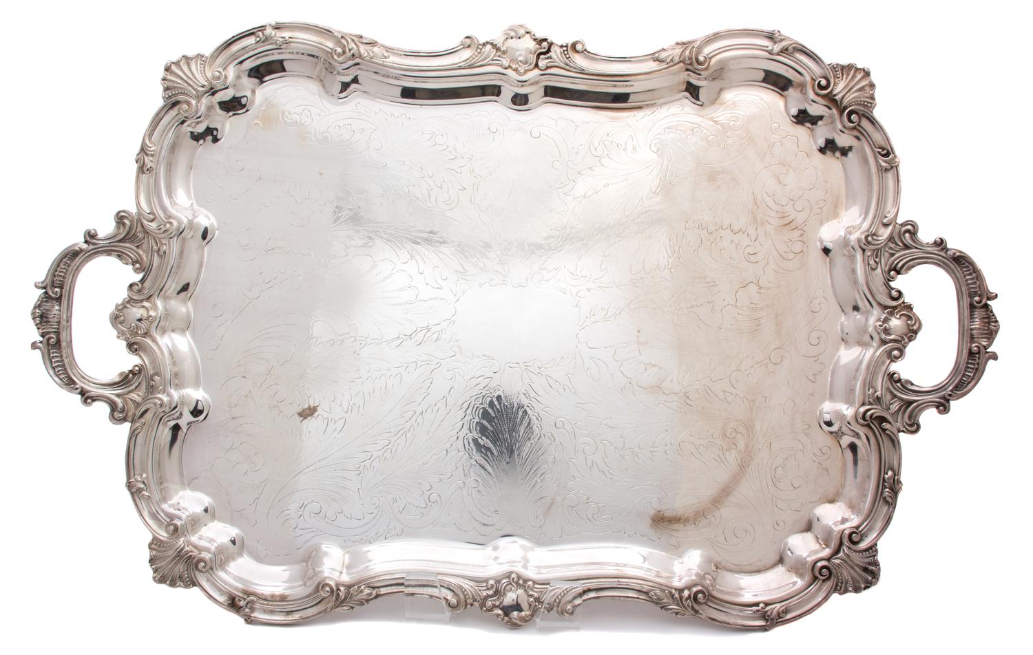 An English Silver Plate Handled Serving Tray Width 31 3/4 x depth 20 inches.