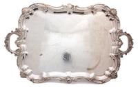 An English Silver Plate Handled Serving Tray Width 31 3/4 x depth 20 inches.